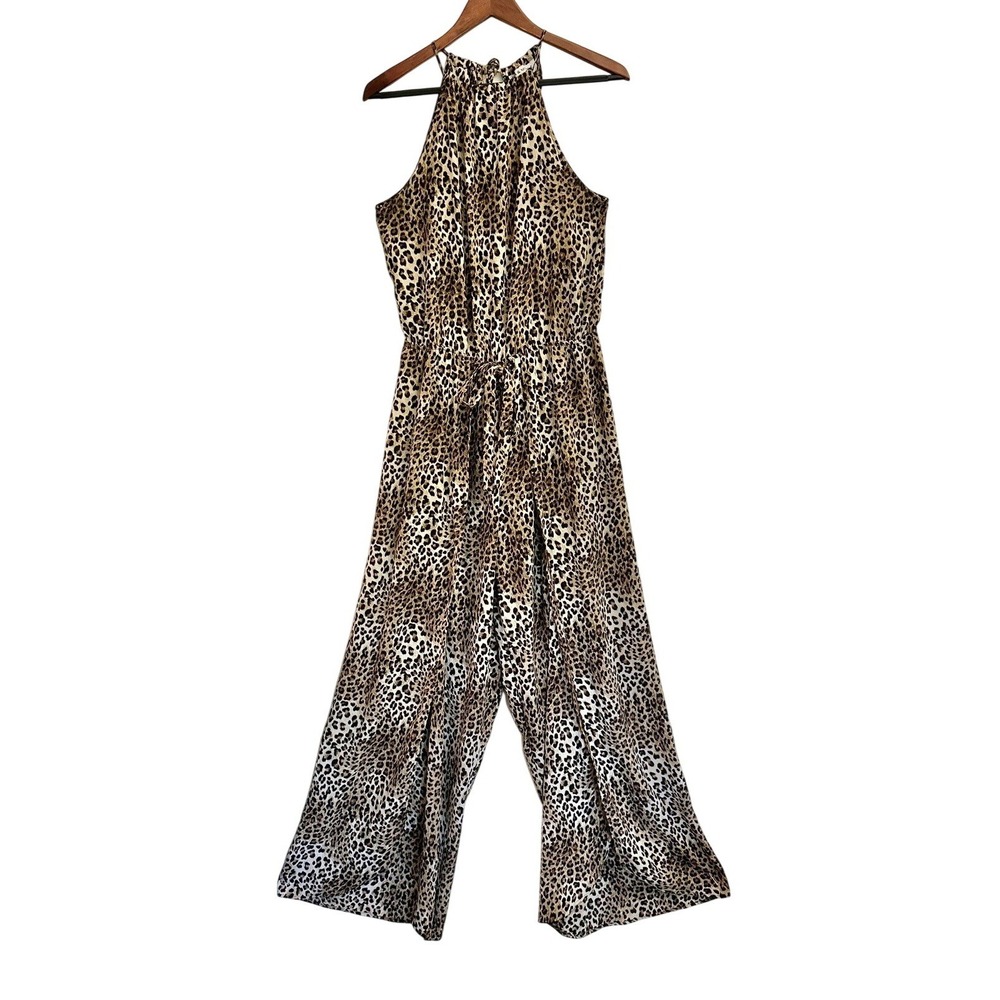 Emma & Michele Womens Leopard‎ Jumpsuit Animal Print Tie Waist Long Jumpsuit MED